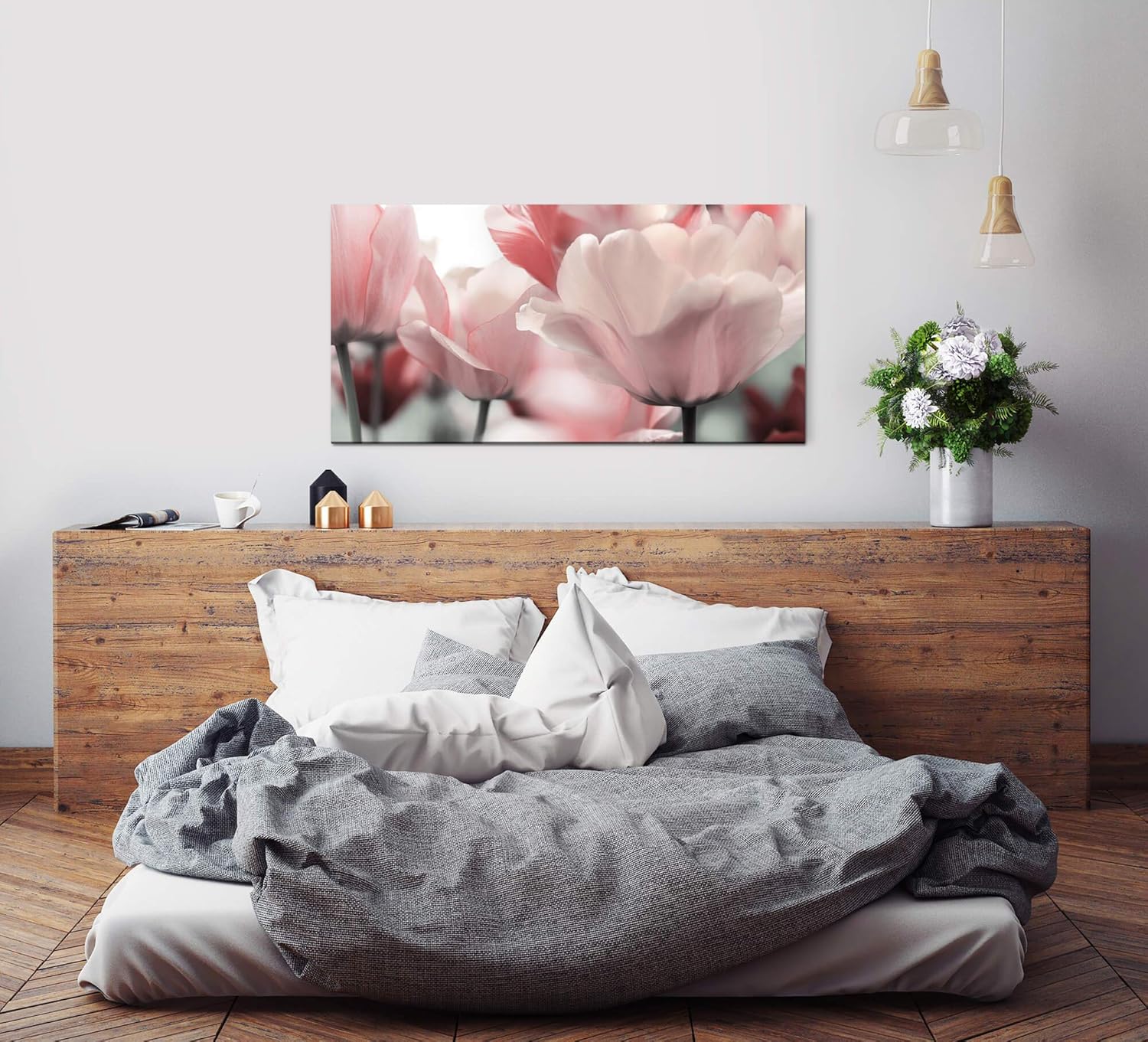 Tulpen ca. 130x70cm Wandbild inklusive Schattenfugenrahmen weiss - Panorama Leinwand Bild XXL Format Wandbilder Wohnzimmer Wohnung Deko Kunstdrucke
