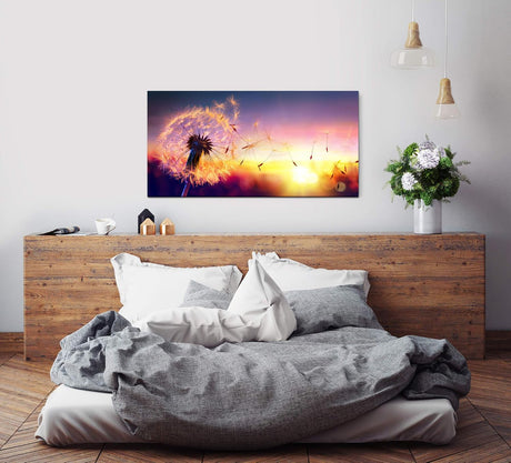 Löwenzahn im Sonnenuntergang ca. 130x70cm Wandbild inklusive Schattenfugenrahmen weiss - Panorama Leinwand Bild XXL Format Wandbilder Wohnzimmer Wohnung Deko Kunstdrucke