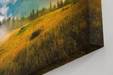 Sinus Art Wandbild 120x80cm Faszinierende Gebirgsszene im Nebel mit dramatischem Sonnenlicht für eindrucksvolle Raumwirkung