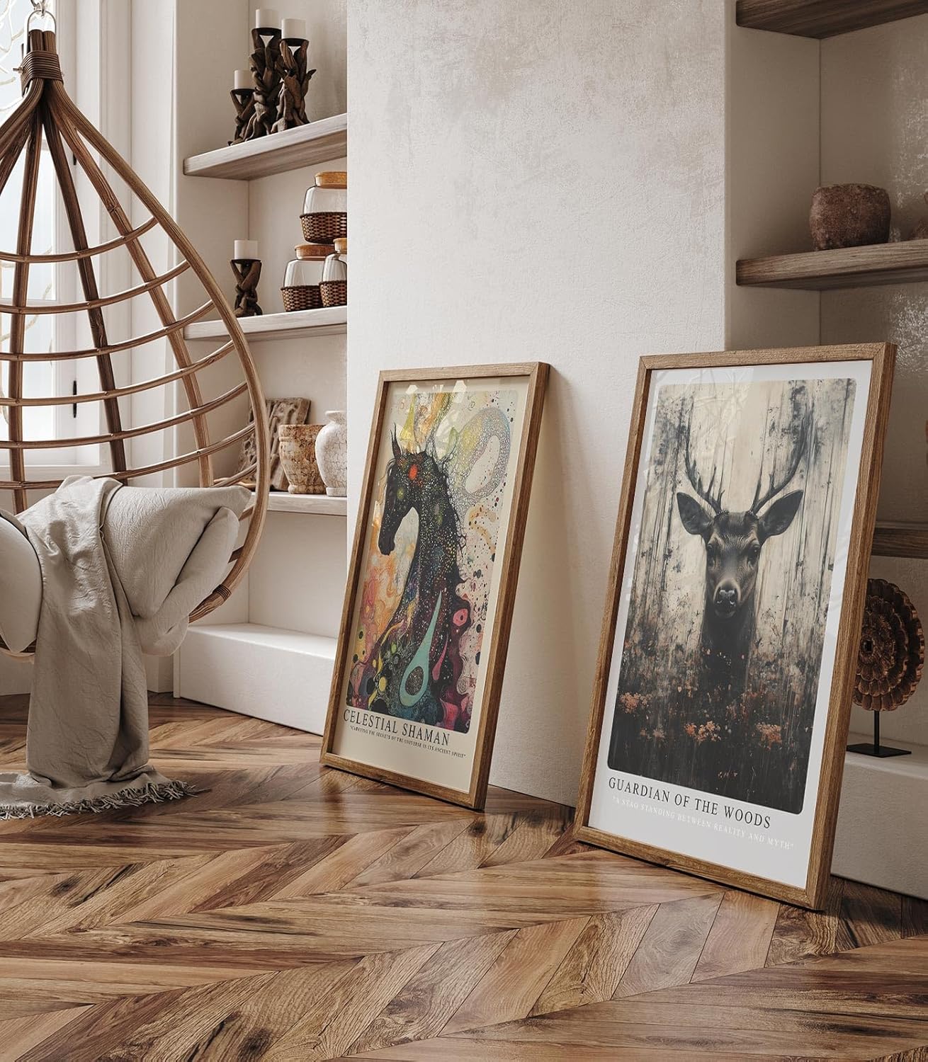 Paul Sinus Leinwandbild 60x90cm mystisches Hirschporträt mit dunkler Waldfantasie, ausdrucksstarke Wandkunst in erdigen Tönen