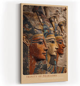 Paul Sinus Wandbild in 40x60cm Trinity of Pharaohs – Drei ägyptische Herrscher im kunstvollen Relief mit Gold-, Blauund Erdtönen