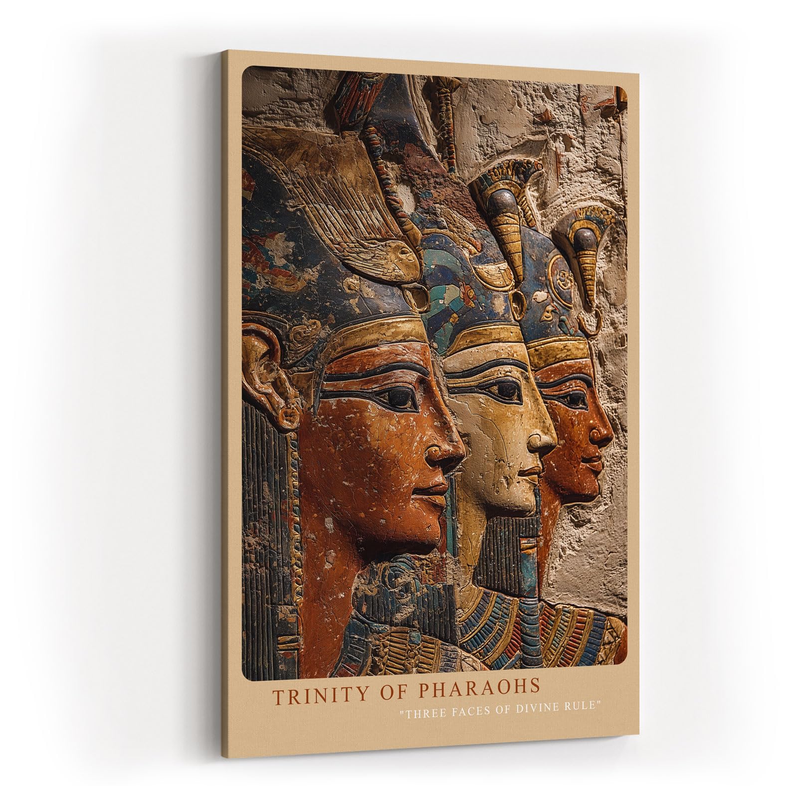 Paul Sinus Wandbild in 40x60cm Trinity of Pharaohs – Drei ägyptische Herrscher im kunstvollen Relief mit Gold-, Blauund Erdtönen