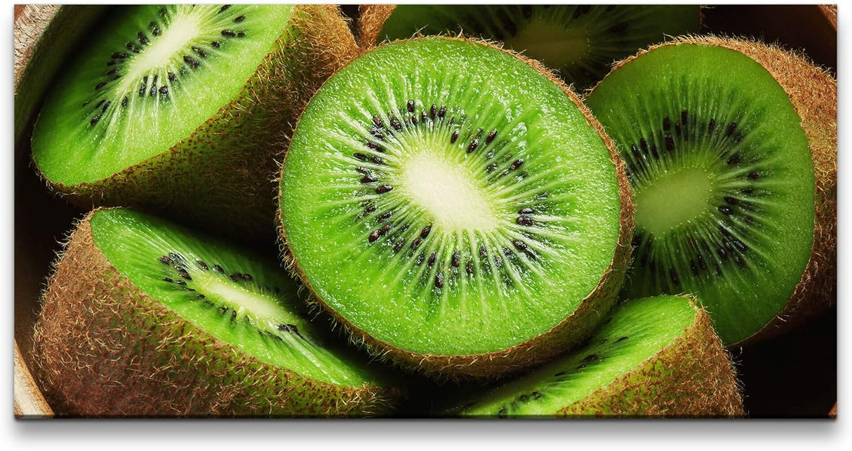 Kiwis in einer Holz Schüssel ca. 130x70cm Wandbild inklusive Schattenfugenrahmen schwarz - Panorama Leinwand Bild XXL Format Wandbilder Wohnzimmer Wohnung Deko Kunstdrucke