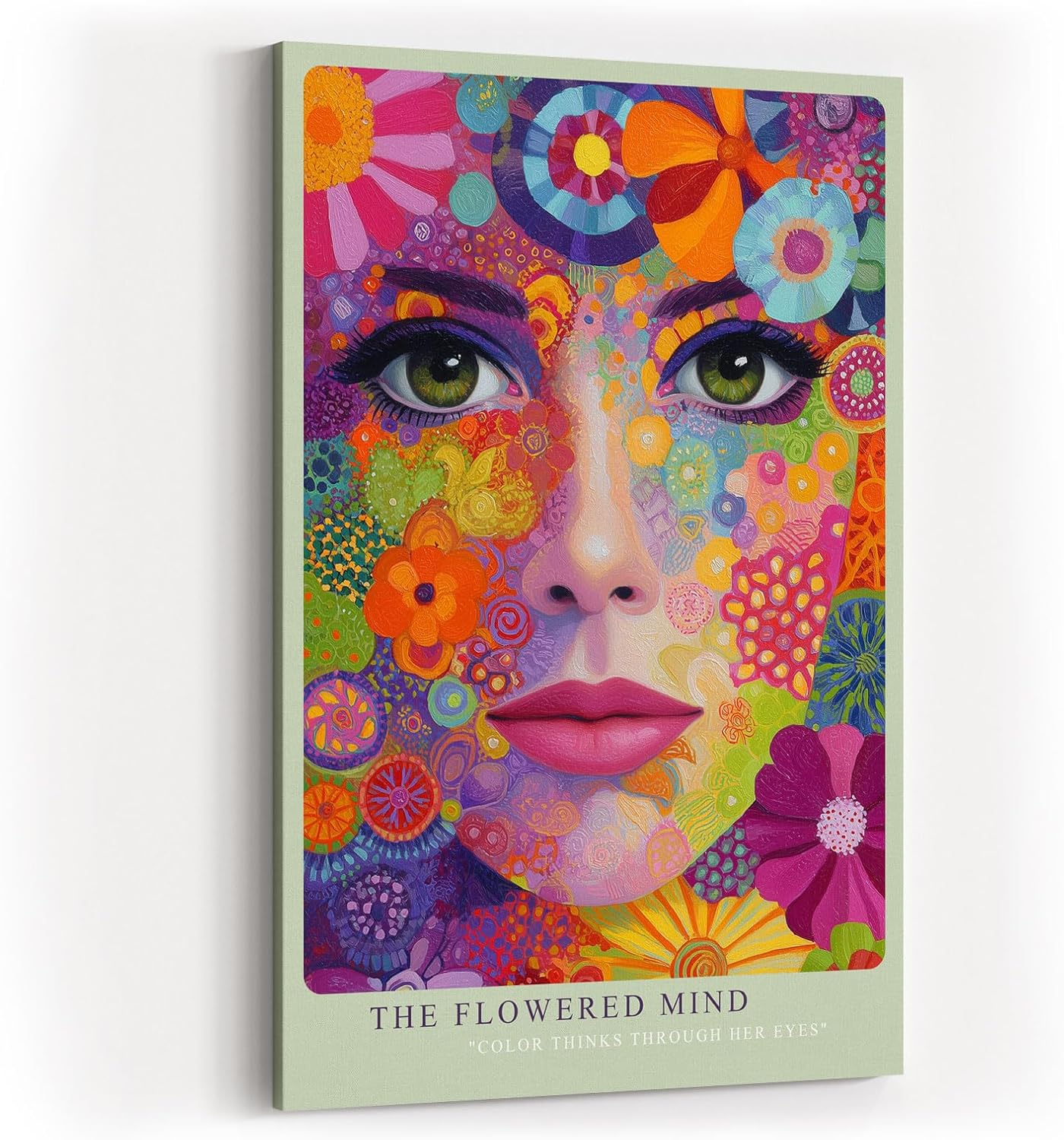 Paul Sinus Wandbild in 40x60cm The Flowered Mind Farbenprächtiges Frauenporträt mit floralen Mustern und verspielter Farbvielfalt für kreative Raumakzente