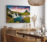 Paul Sinus Wandbild 120x80cm Island Kirkjufellsfoss Landschaft Berge Grün Wasserfall