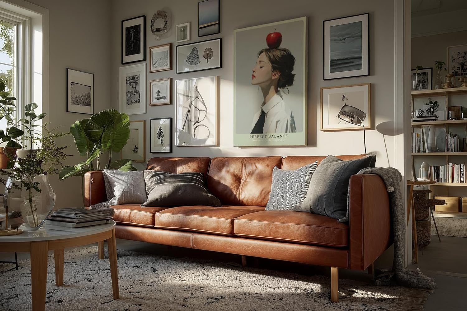 Paul Sinus Wandbild in 40x60cm Perfect Balance – Minimalistisches Porträt einer jungen Frau mit Apfel auf dem Kopf, seitliches Profil, moderne Bilder mit klaren Linien, stilvoll und symbolträchtig