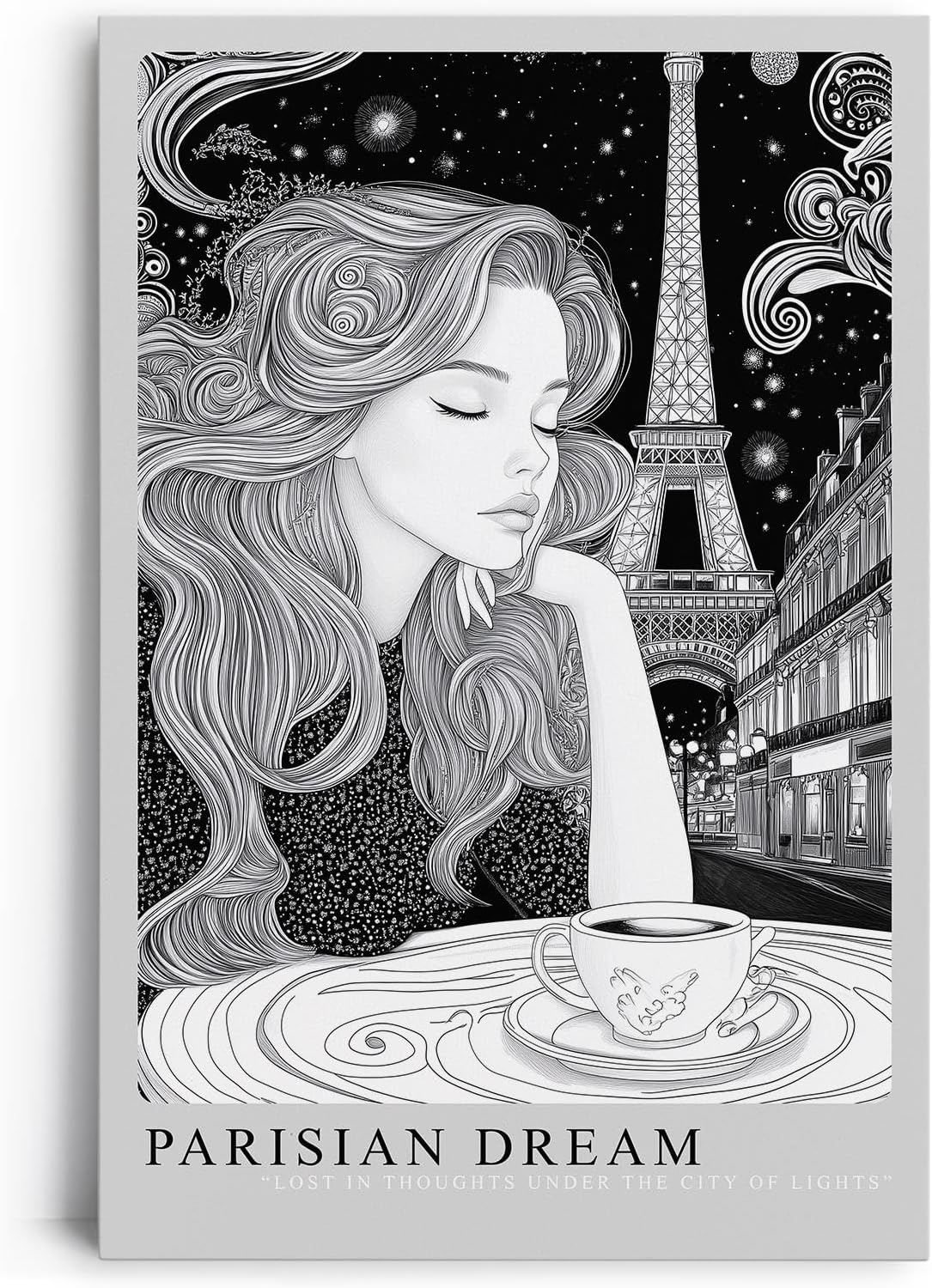 Paul Sinus Leinwandbild 40x60cm Parisian Dream verträumte Frau mit Eiffelturm stilvoll elegant romantisch schwarz-weiß Illustration Paris