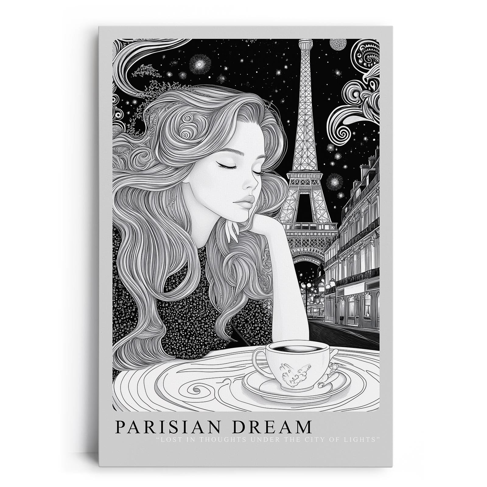 Paul Sinus Leinwandbild 40x60cm Parisian Dream verträumte Frau mit Eiffelturm stilvoll elegant romantisch schwarz-weiß Illustration Paris