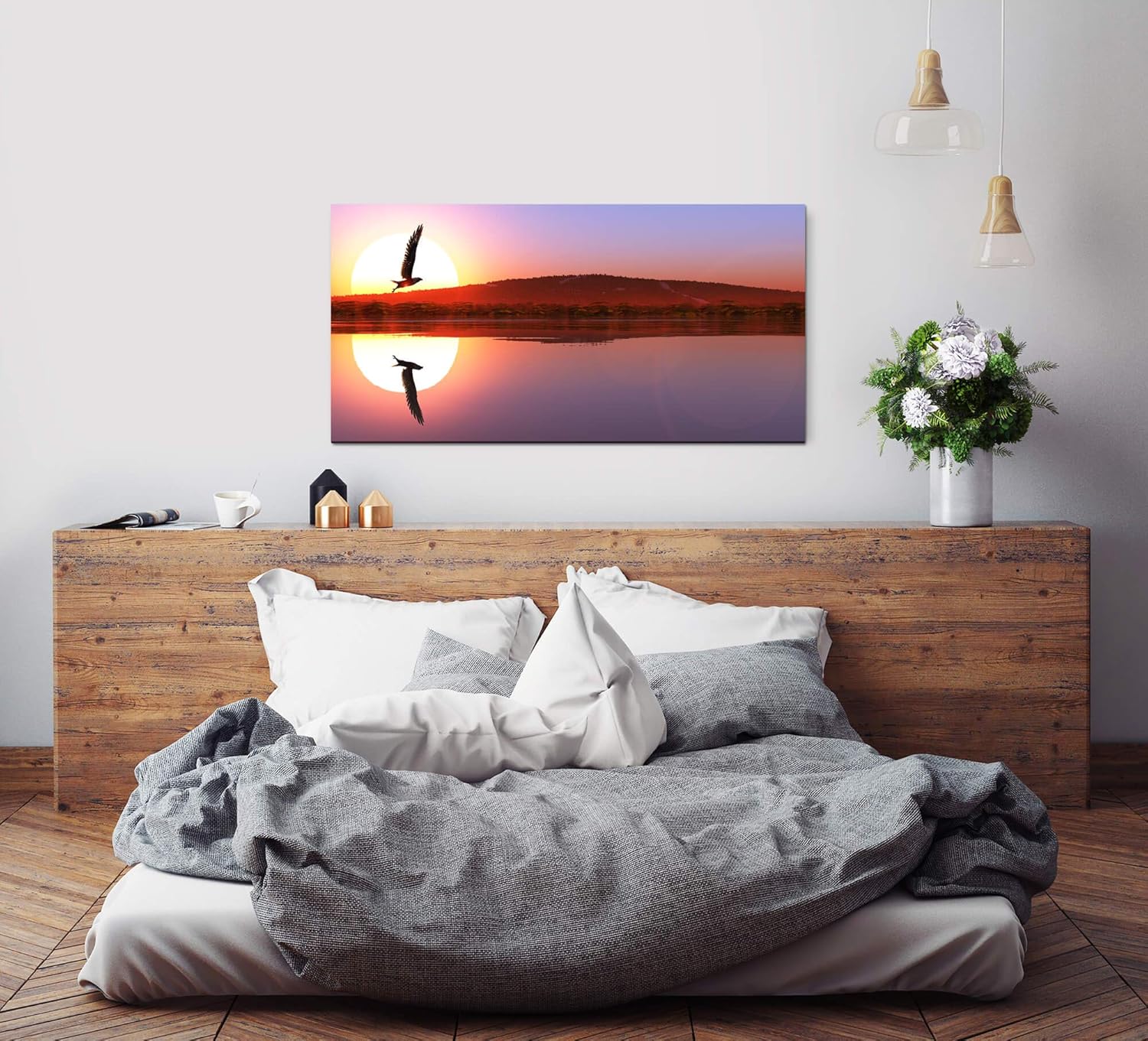 Adler in einer Seen Landschaft ca. 130x70cm Wandbild inklusive Schattenfugenrahmen schwarz - Panorama Leinwand Bild XXL Format Wandbilder Wohnzimmer Wohnung Deko Kunstdrucke