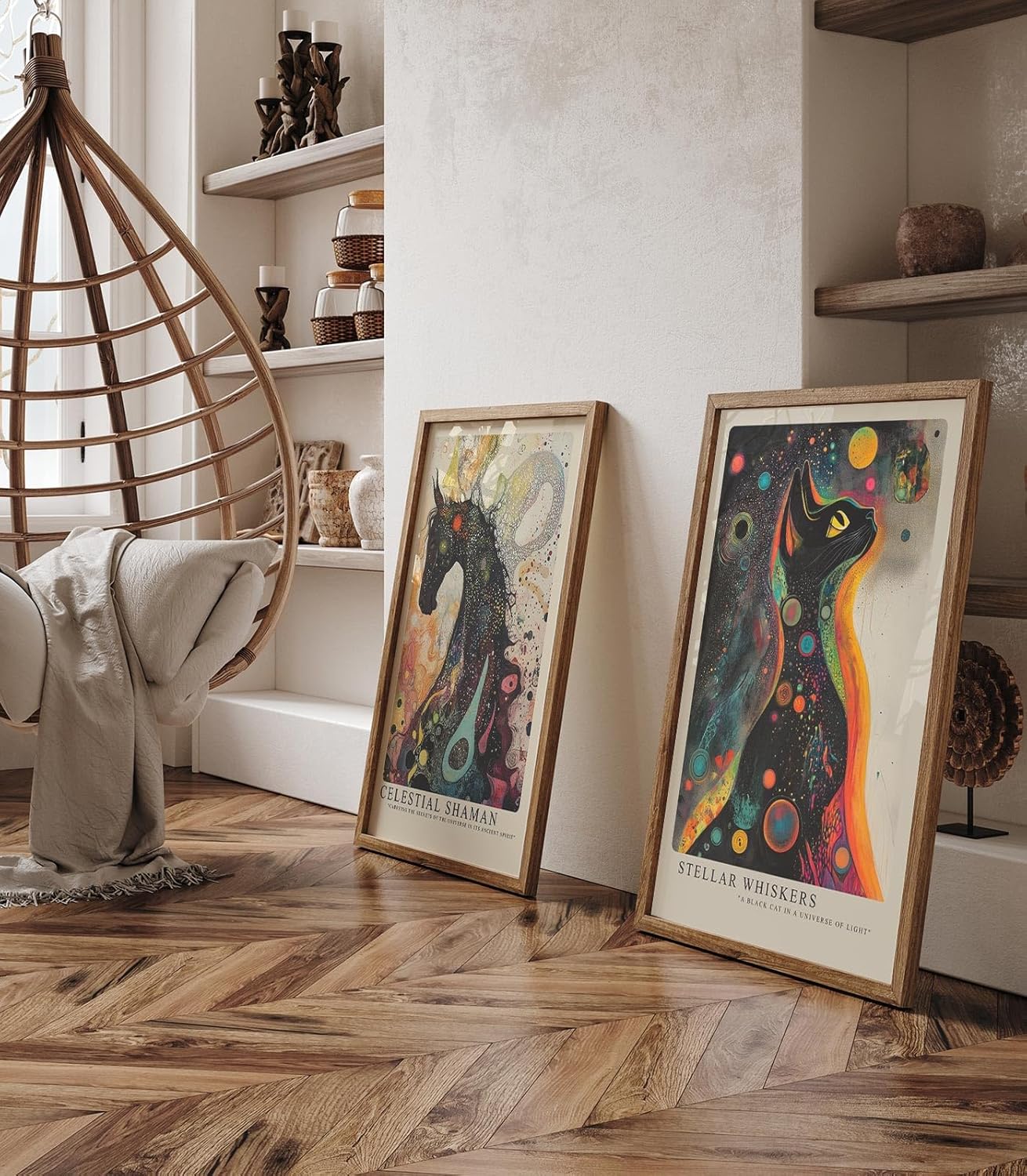 Paul Sinus Leinwandbild 60x90cm Galaktische Katze farbenfroh mystisch surreal kosmisch faszinierende Wandkunst leuchtende Farben kunstvoll hypnotisch