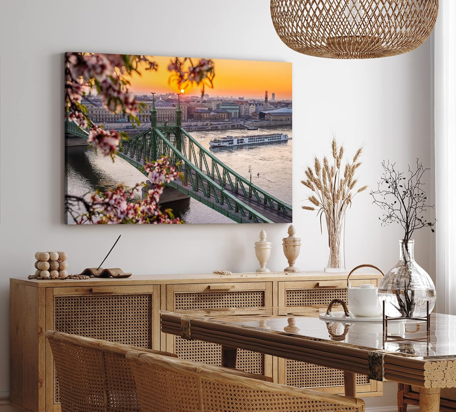 Paul Sinus Wandbild 120x80cm Freiheitsbrücke Budapest Ungarn Kanal Schiffe Sonnenuntergang