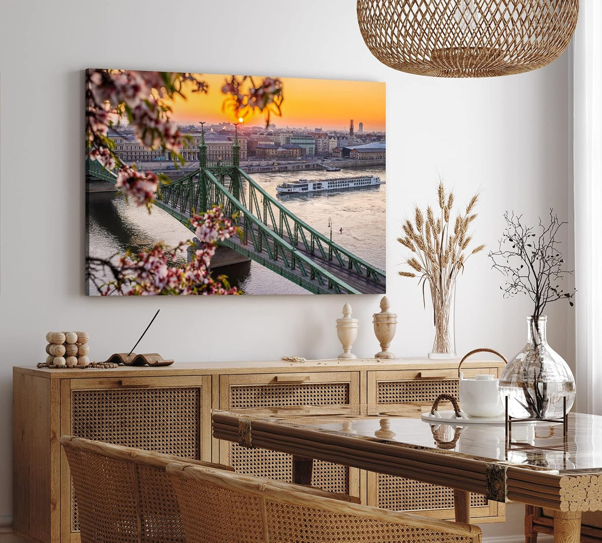 Paul Sinus Wandbild 120x80cm Freiheitsbrücke Budapest Ungarn Kanal Schiffe Sonnenuntergang