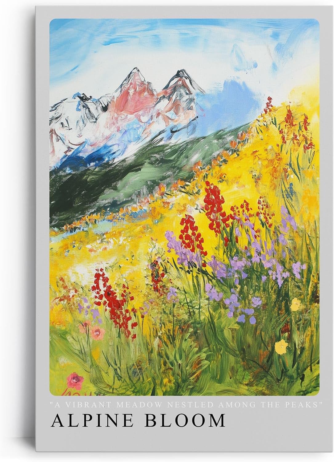 Paul Sinus Leinwandbild 60x90cm lebendige Alpenlandschaft mit blühender Bergwiese, expressive Wandkunst mit farbenfrohem Blumenmeer