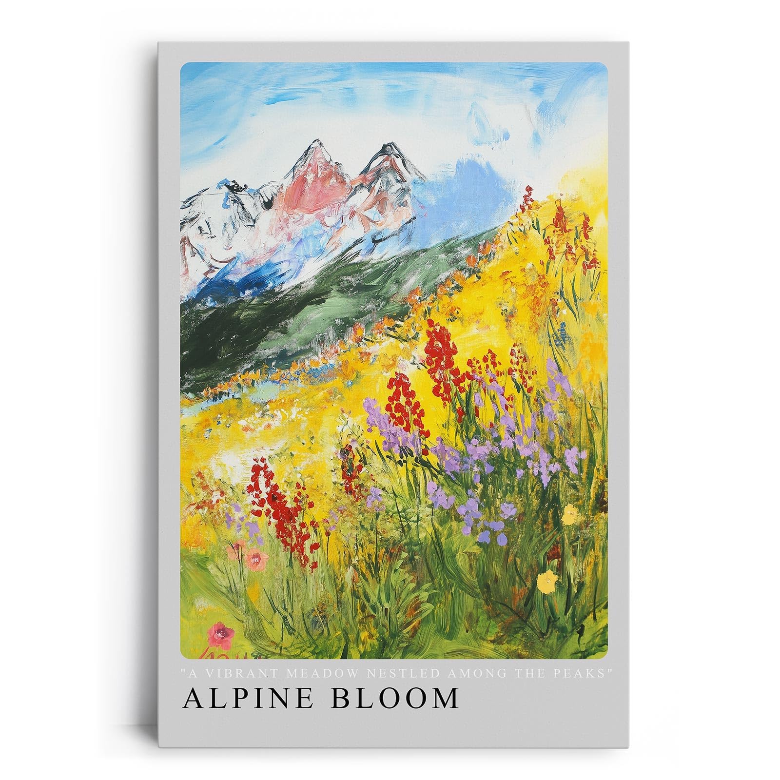 Paul Sinus Leinwandbild 60x90cm lebendige Alpenlandschaft mit blühender Bergwiese, expressive Wandkunst mit farbenfrohem Blumenmeer