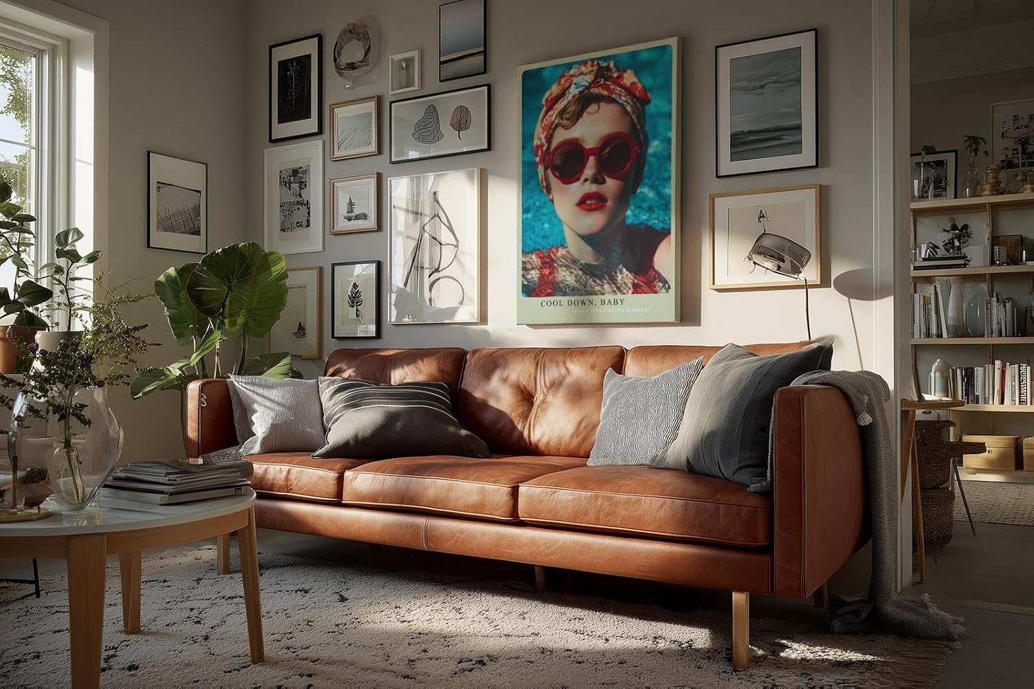 Paul Sinus Wandbild in 40x60cm Cool Down Baby Stylish Woman with Red Sunglasses and Headscarf in Poolside Summer Vibe