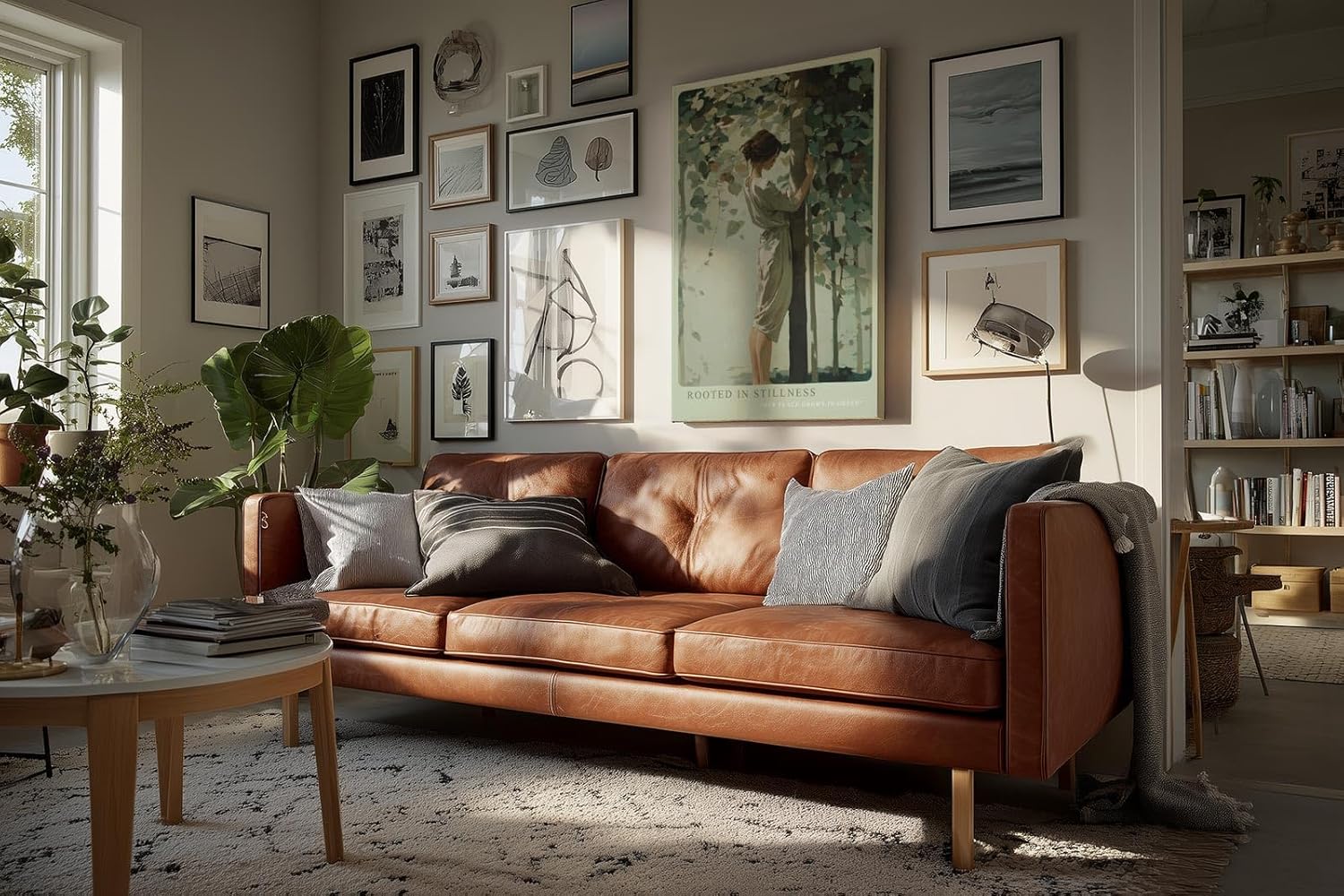 Paul Sinus Wandbild in 40x60cm Rooted in Stillness – Sanftes Porträt einer Frau, die inmitten grüner Blätter einen Baum umarmt, moderne Bilder in beruhigenden Naturtönen