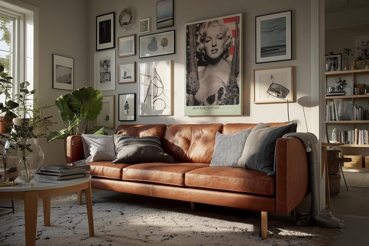 Paul Sinus Wandbild in 40x60cm Marilyn Monroe mit Gewehren in Schwarz-Weiß vor US-Flagge – ausdrucksstarkes Pop-Art-Porträt