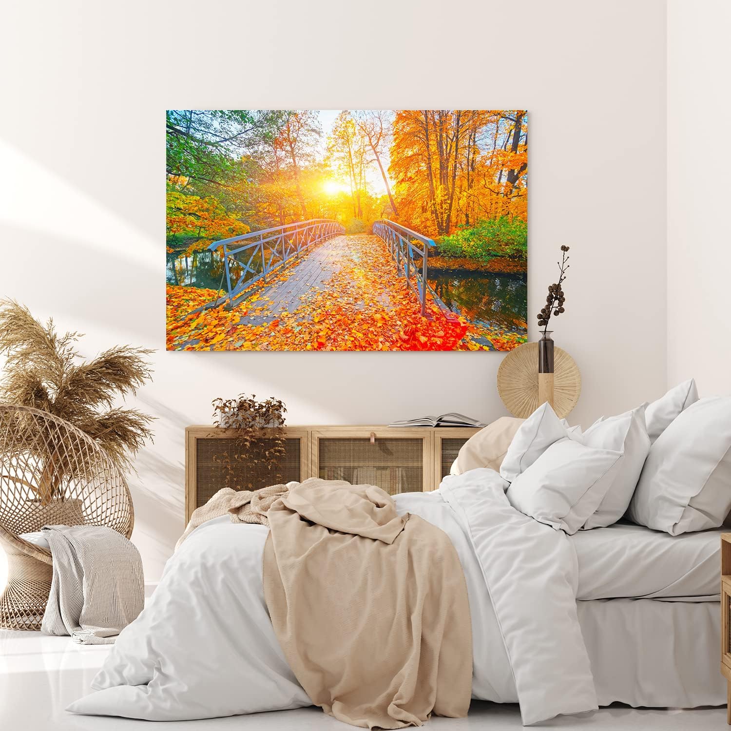 Paul Sinus Wandbild 120x80cm Herbstblätter Herbst Holzbrücke Bach Sonnenschein