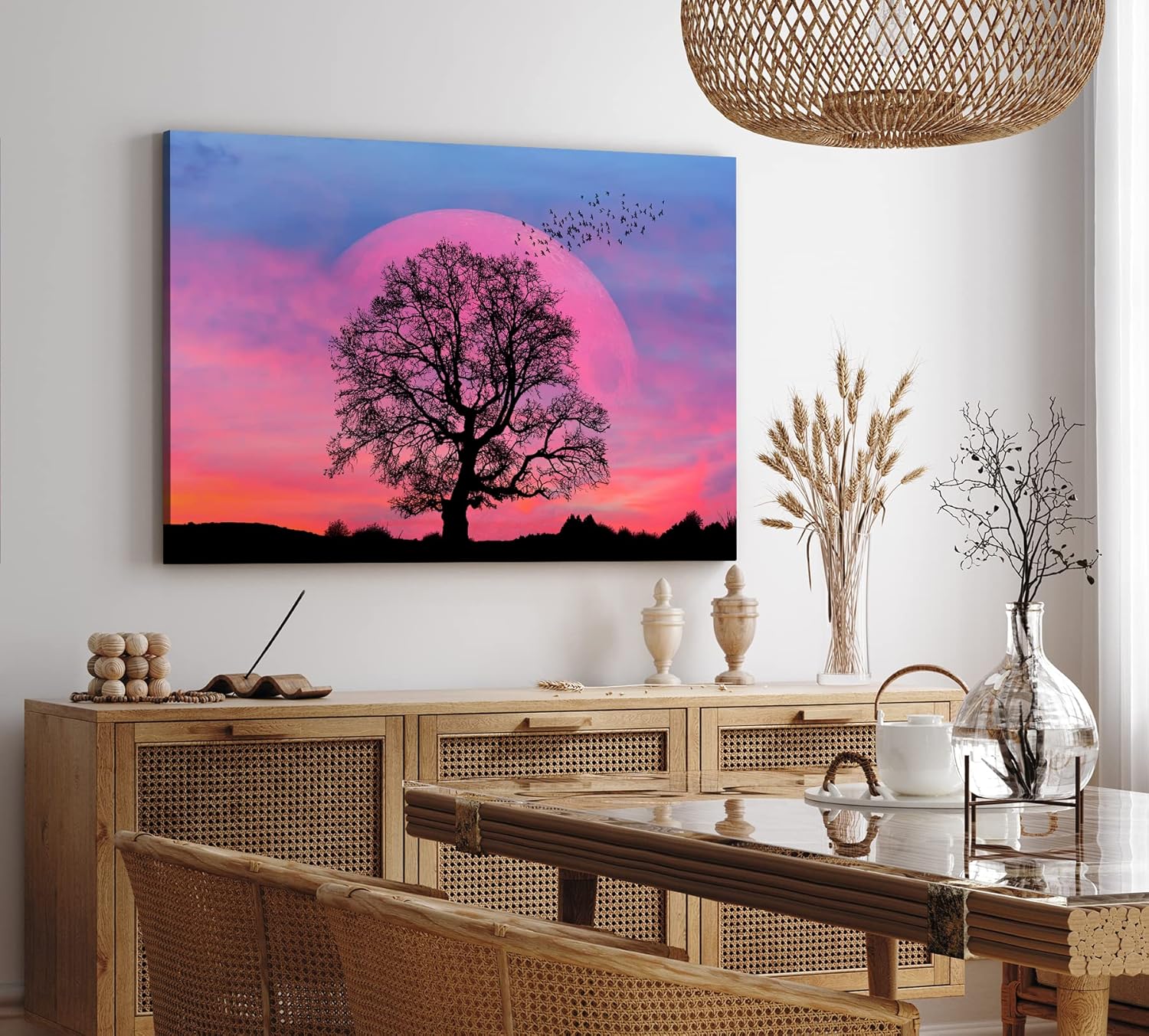 Paul Sinus Wandbild 120x80cm Baum Vollmond Nacht Fantasievoll Vögel Rosa