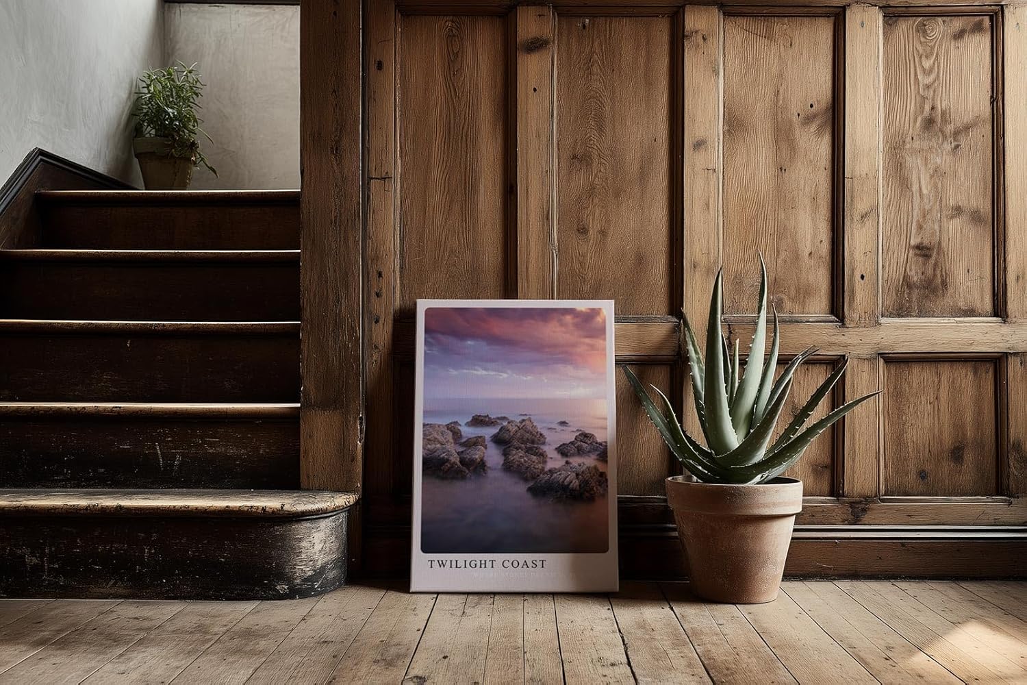 Paul Sinus Kunstdruck 40x60cm Twilight Coast – Felsen im Abendlicht an ruhiger Küste mit violettem Himmel und weichem Wasser