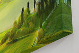 Sinus Art Wandbild 120x80cm Traumhafte Aussicht über die grünen Hügel der Toskana im frühen Sonnenlicht