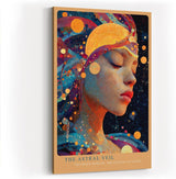 Paul Sinus Wandbild in 40x60cm The Astral Veil Künstlerisches Frauenporträt mit kosmischen Elementen und goldenen Akzenten für mystische Raumgestaltung