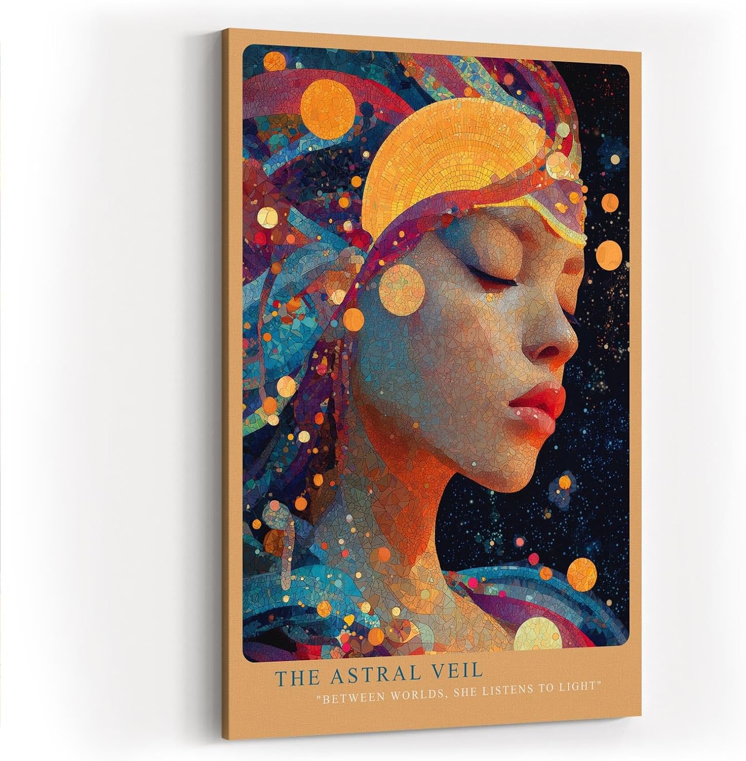Paul Sinus Wandbild in 40x60cm The Astral Veil Künstlerisches Frauenporträt mit kosmischen Elementen und goldenen Akzenten für mystische Raumgestaltung