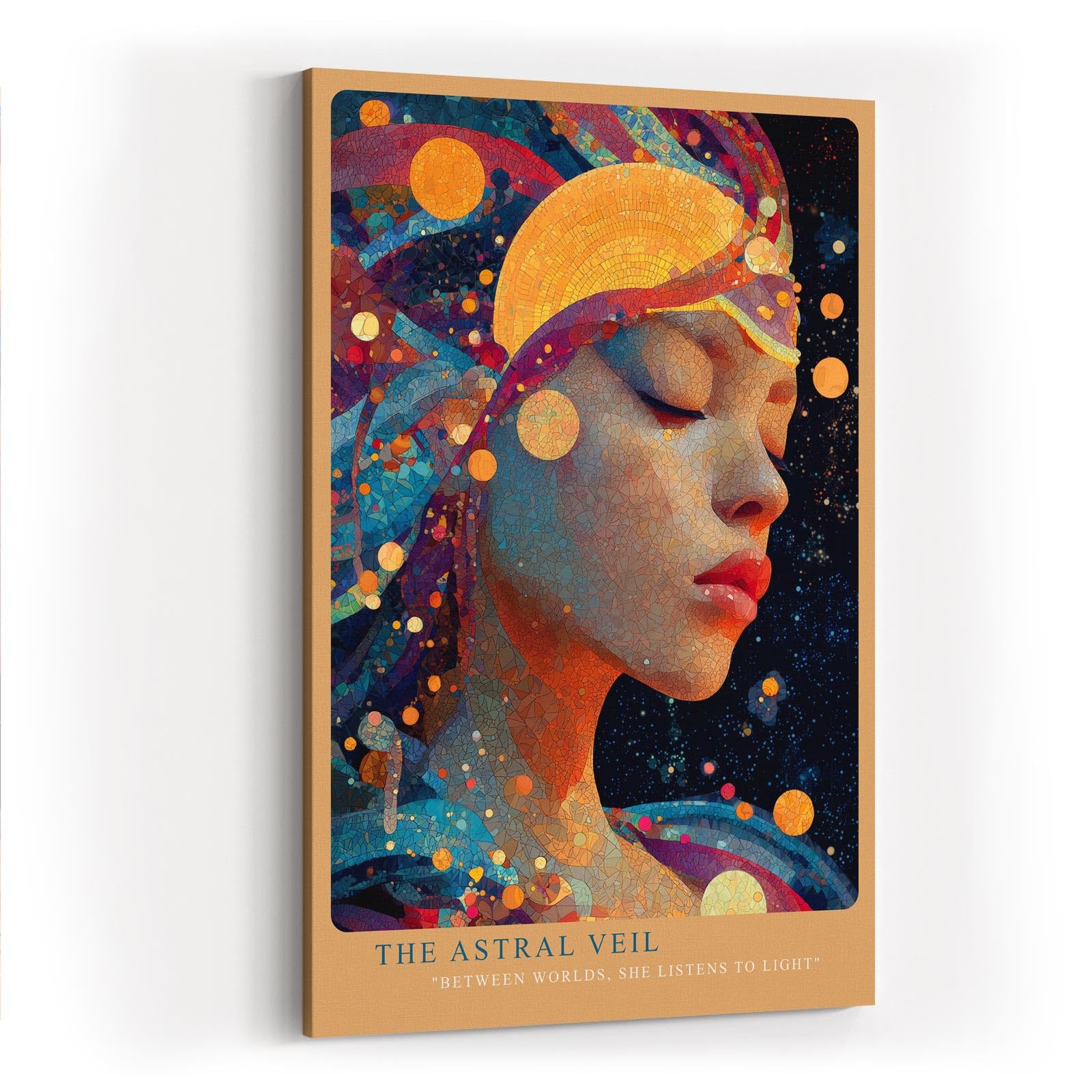 Paul Sinus Wandbild in 40x60cm The Astral Veil Künstlerisches Frauenporträt mit kosmischen Elementen und goldenen Akzenten für mystische Raumgestaltung