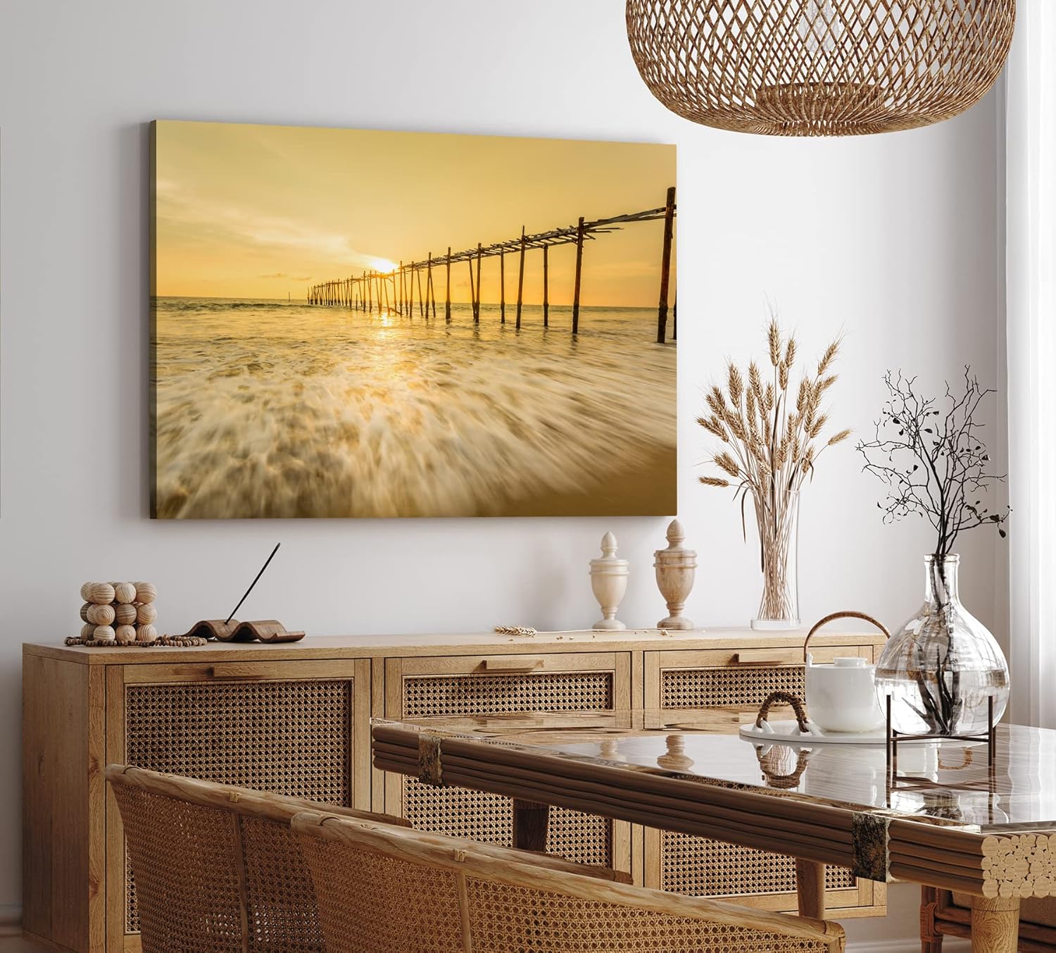 Paul Sinus Wandbild 120x80cm Holzsteg am Strand Sonnenuntergang Abendröte Meer