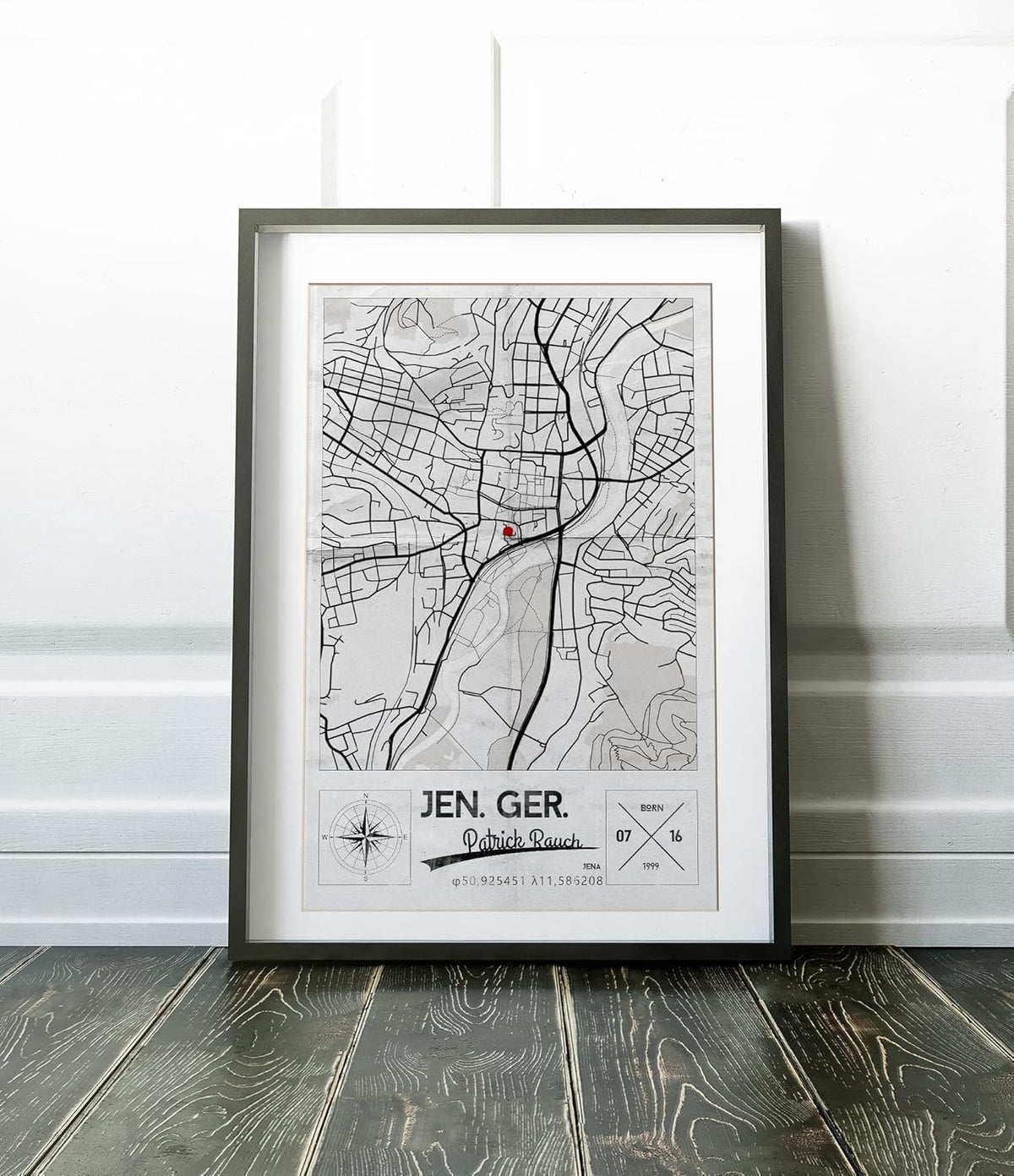 Paul Sinus Bilderrahmen einzigartiger Stadtplan mit deinen GPS Koordinaten und Namen. 30cm x 42cm Holz Wechselrahmen mit Glas und Passepartout. Geschenkidee. Vintage (ohne Rahmen)