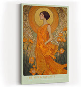 Paul Sinus Wandbild in 40x60cm The Sun's Favorite mit eleganter Frau in goldener Robe vor floralem Hintergrund für luxuriöse Wandgestaltung