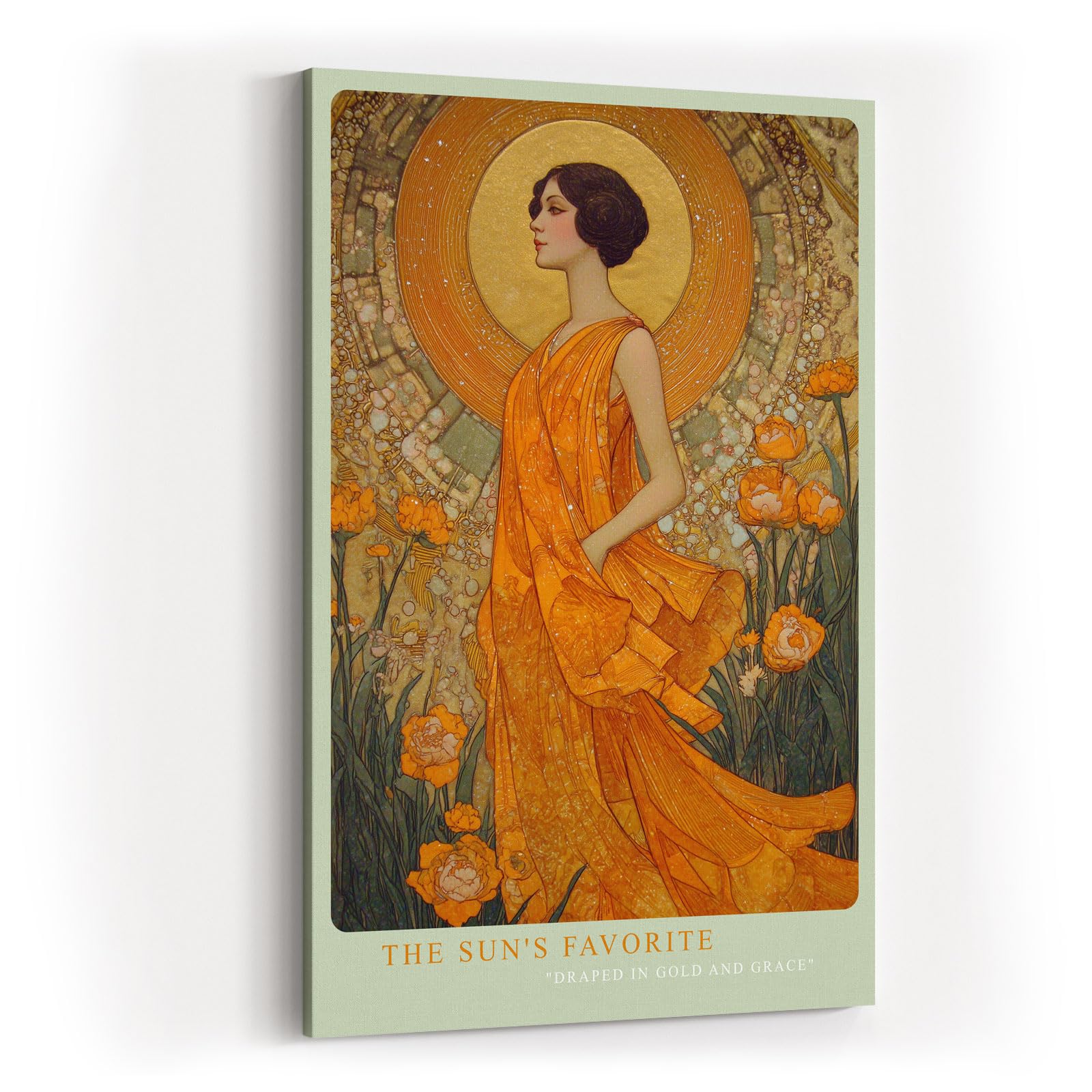 Paul Sinus Wandbild in 40x60cm The Sun's Favorite mit eleganter Frau in goldener Robe vor floralem Hintergrund für luxuriöse Wandgestaltung
