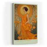 Paul Sinus Wandbild in 40x60cm The Sun's Favorite mit eleganter Frau in goldener Robe vor floralem Hintergrund für luxuriöse Wandgestaltung