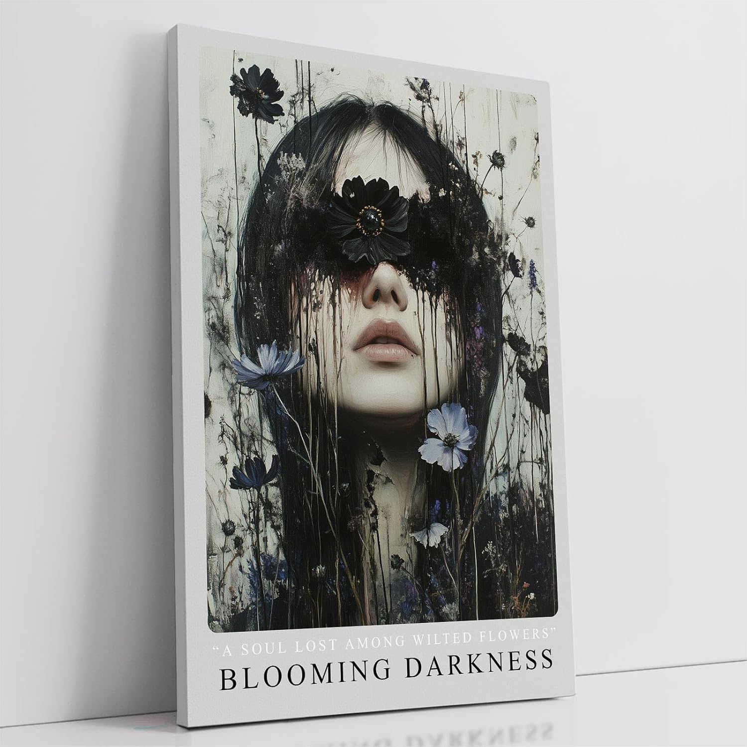 Paul Sinus Leinwandbild 80x120cm Blooming Darkness geheimnisvolles Porträt dunkle Ästhetik melancholisch surreal verträumt Blüten und Schatten