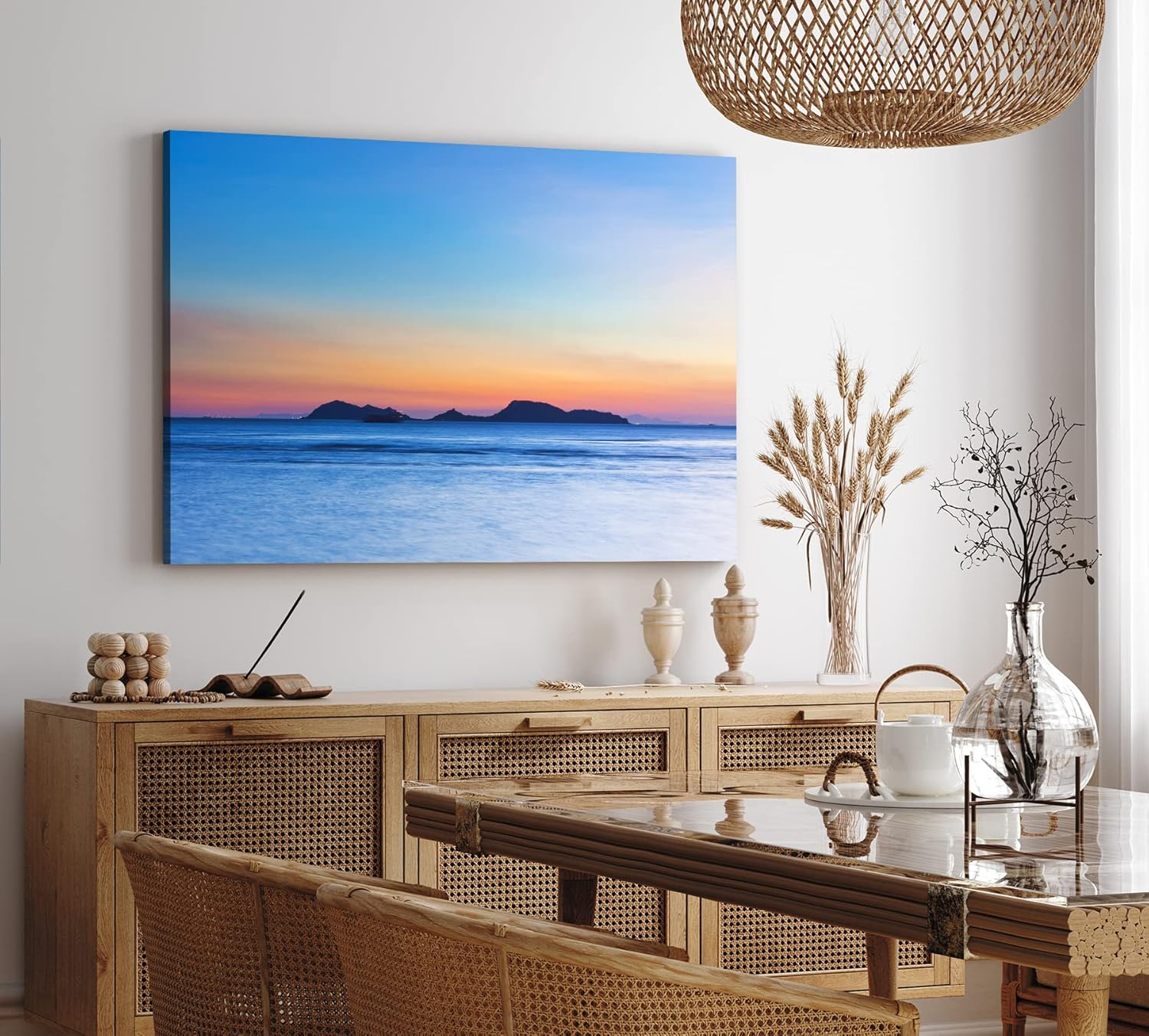 Paul Sinus Wandbild 120x80cm Sonnenuntergang Abendröte Fels Strand Meer Horizont Insel