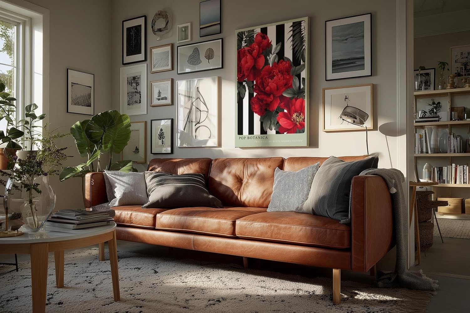 Paul Sinus Wandbild in 40x60cm Pop Botanica – Rote Pfingstrosen vor schwarz-weißem Streifenmuster
