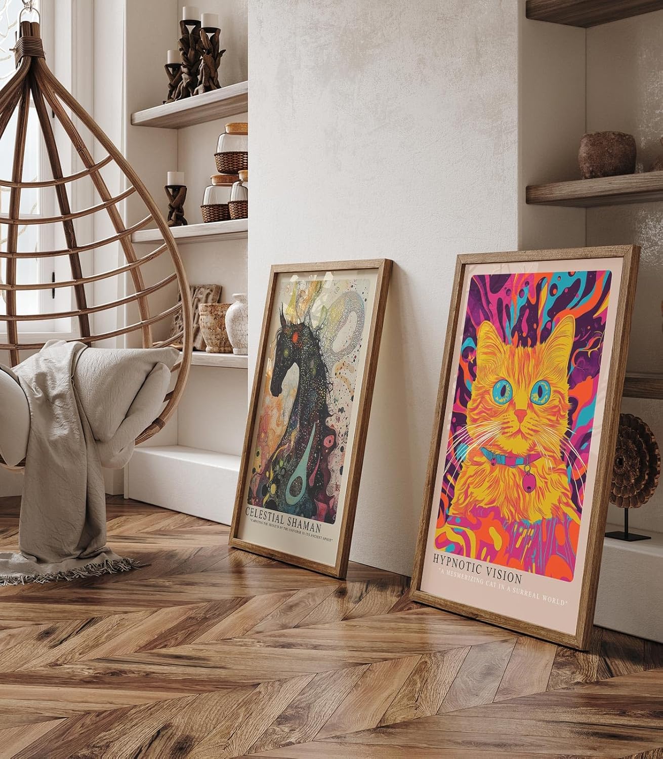 Paul Sinus Leinwandbild 60x90cm Hypnotische Vision – Faszinierende Katze in leuchtend surrealem Farbspektakel