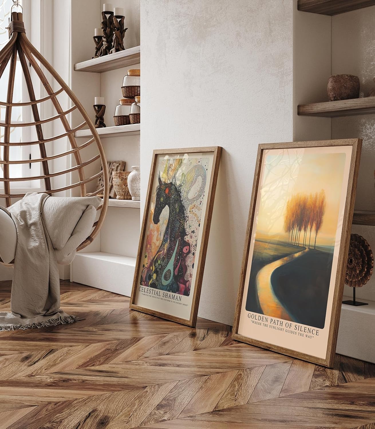 Paul Sinus Leinwandbild 60x90cm Golden Path of Silence – Mystischer Sonnenweg mit goldenen Herbstbäumen in sanftem Licht