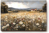 Sinus Art Wandbild 120x80cm Sanftes Naturmotiv mit blühender Wiese, Wildblumen und Bauernhof in weiter Hügellandschaft