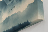 Sinus Art Wandbild 120x80cm Faszinierende Bergsilhouetten im Nebel mit dynamischem Vogelschwarm erzeugen eine ruhige und kraftvolle Atmosphäre