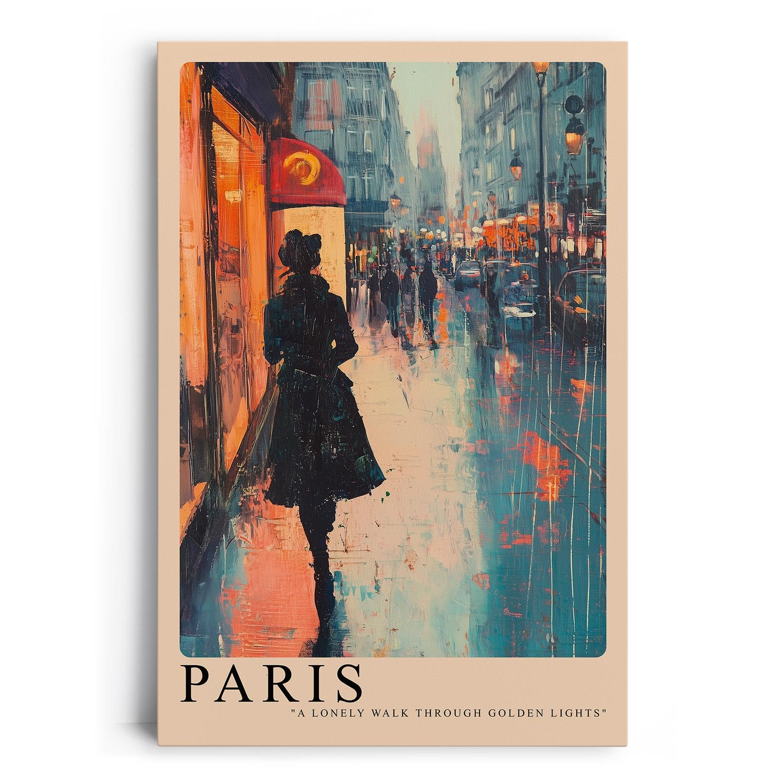 Paul Sinus Leinwandbild 80x120cm Paris Nostalgie – Impressionistisches Stadtmotiv mit einsamer Frau im Licht der Großstadt, stimmungsvolle Farben