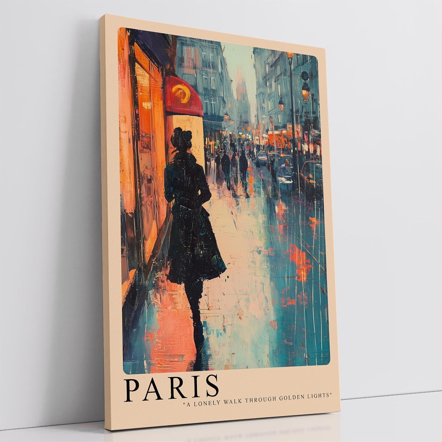 Paul Sinus Leinwandbild 80x120cm Paris Nostalgie – Impressionistisches Stadtmotiv mit einsamer Frau im Licht der Großstadt, stimmungsvolle Farben