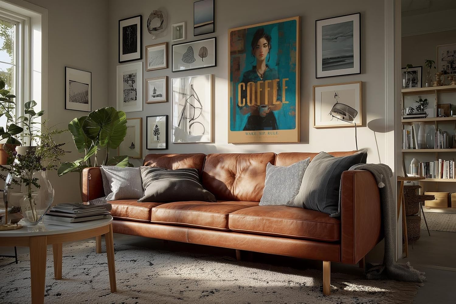 Paul Sinus Wandbild in 40x60cm Wake. Sip. Rule. – modernes Coffee-Art-Porträt in kräftigen Blautönen mit goldener Schrift