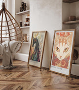 Paul Sinus Leinwandbild 80x120cm mystisches Katzenporträt mit kunstvollen Ornamenten und intensiven Augen, faszinierende Wandkunst in warmen Erdtönen