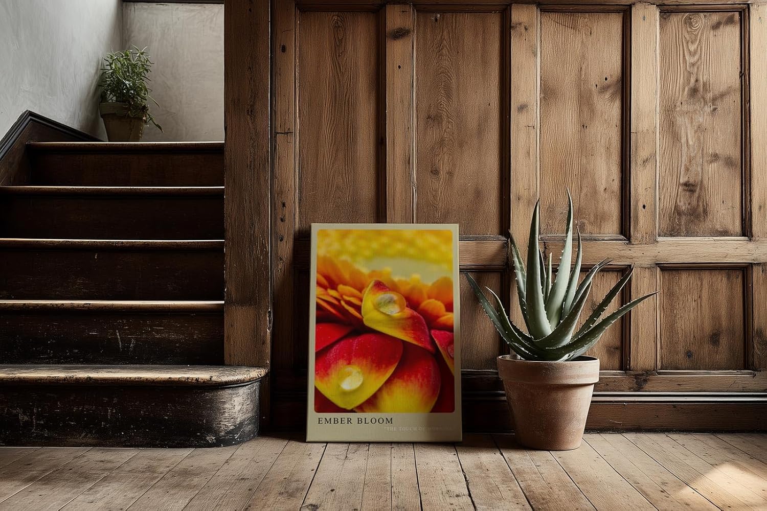 Paul Sinus Kunstdruck 40x60cm Ember Bloom – leuchtend rote und gelbe Blütenblätter mit Tautropfen in Nahaufnahme