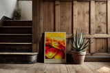 Paul Sinus Kunstdruck 40x60cm Ember Bloom – leuchtend rote und gelbe Blütenblätter mit Tautropfen in Nahaufnahme