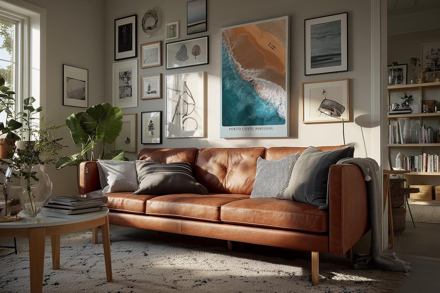 Paul Sinus Wandbild in 40x60cm Porto Covo Portugal – Luftaufnahme von Strand und Meer mit zwei Silhouetten im Sand