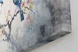 Sinus Art Wandbild 120x80cm Detailreiches Naturmotiv mit zwei blauen Vögeln auf blühendem Ast – filigran und stimmungsvoll gestaltet