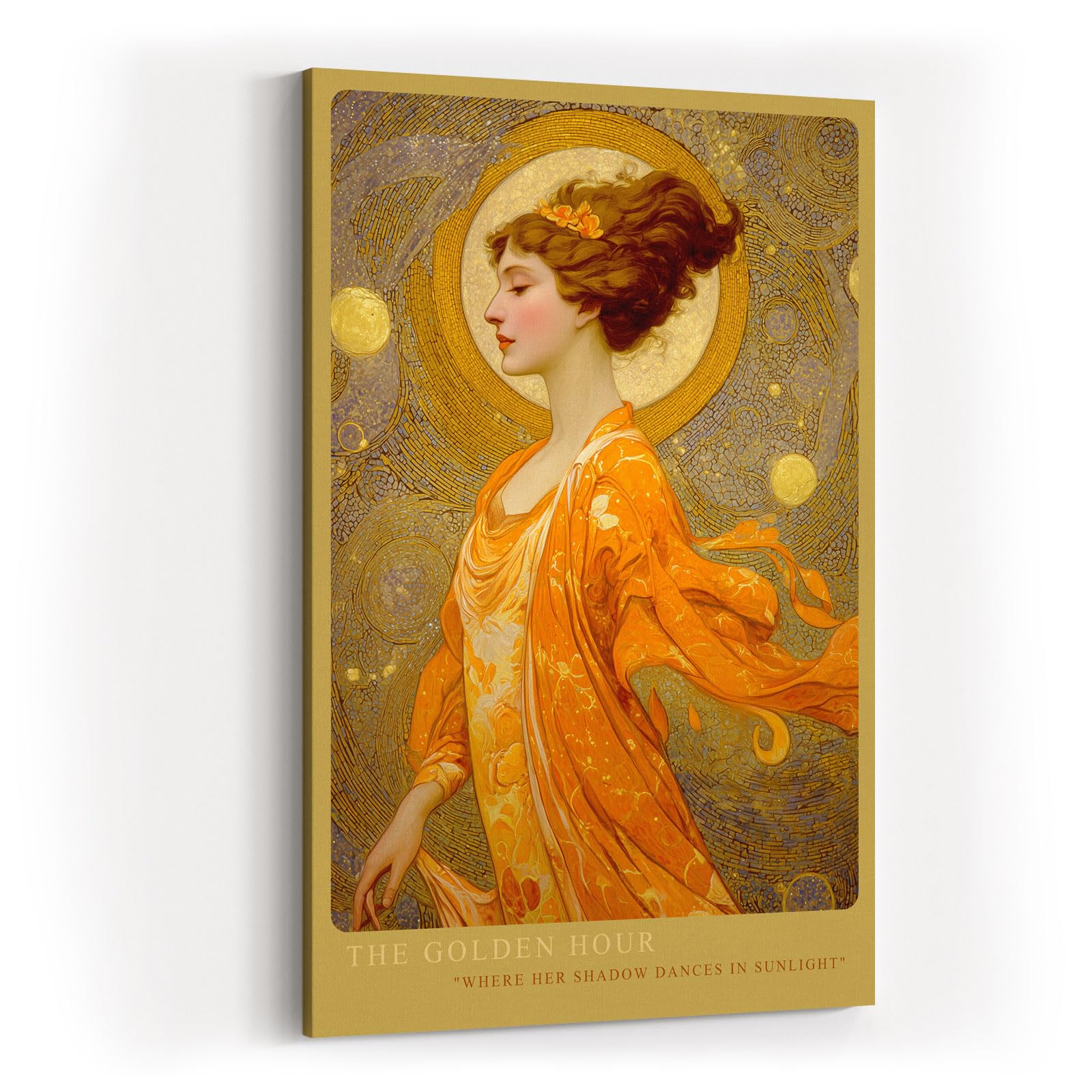 Paul Sinus Wandbild in 40x60cm The Golden Hour mit eleganter Frau in goldener Robe vor strahlendem Kreis für luxuriöse Wandgestaltung