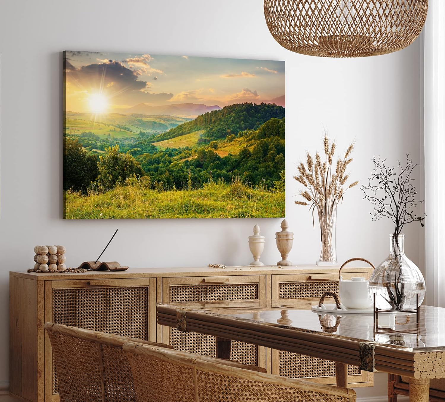 Paul Sinus Wandbild 120x80cm Hügellandschaft Sonnenuntergang Berge Grün Wiesen